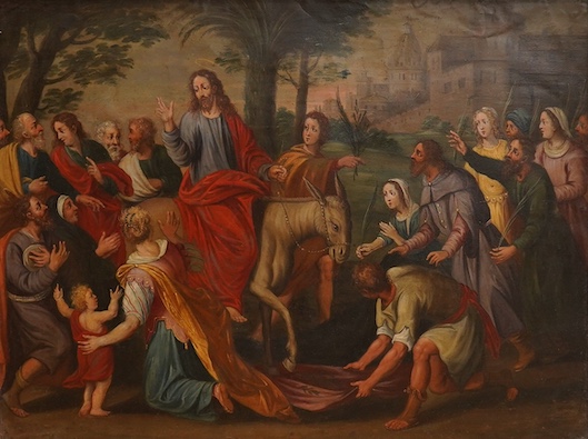 Old Master style, oil on panel, 'Jesus's entry into Jerusalem', unsigned, 38 x 50cm. Condition - fair to good